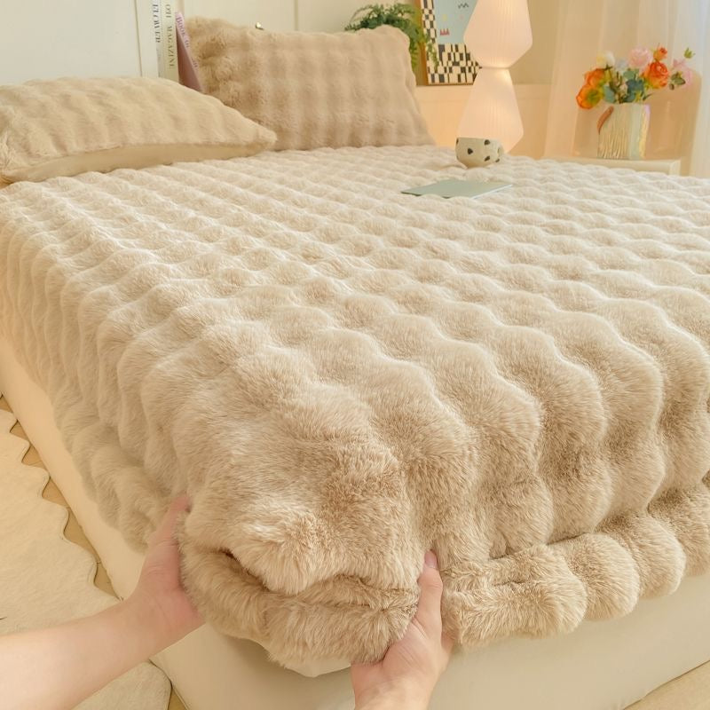 Colorful Deep Pocket Faux Fur Flannel Warm Plush Shaggy Fitted Bed Sheet Set