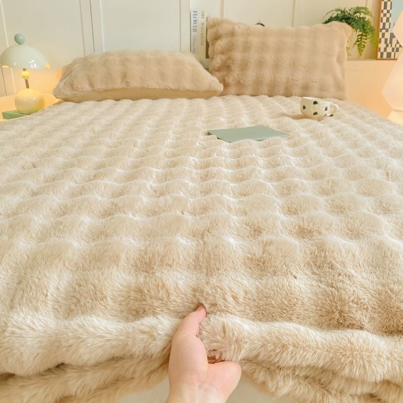 Colorful Deep Pocket Faux Fur Flannel Warm Plush Shaggy Fitted Bed Sheet Set