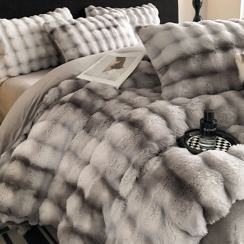 Double Sided Fleece Duvet Cover with Velvet Bed Sheet Rainbow Faux Fur Plush Bedding Set
