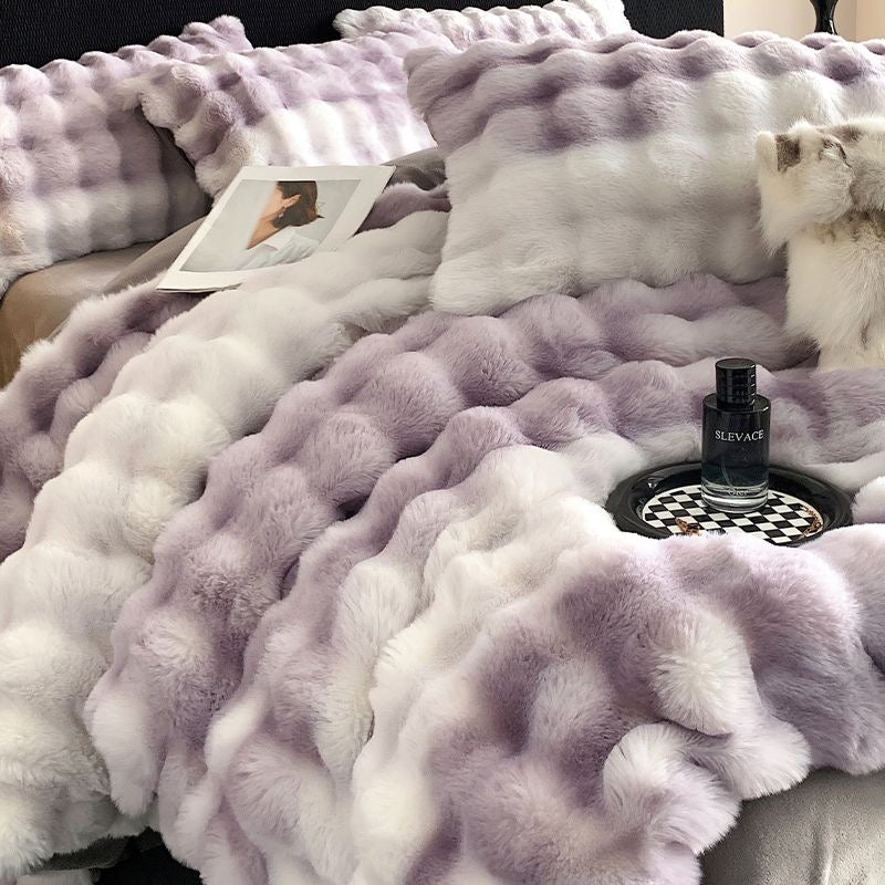 Double Sided Fleece Duvet Cover with Velvet Bed Sheet Rainbow Faux Fur Plush Bedding Set