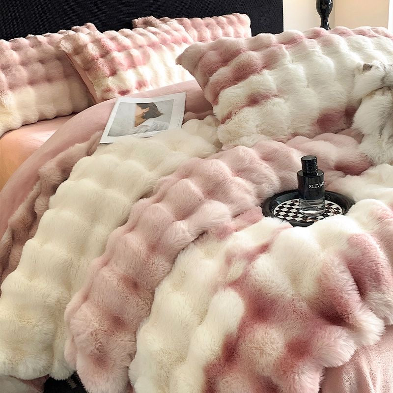 Double Sided Fleece Duvet Cover with Velvet Bed Sheet Rainbow Faux Fur Plush Bedding Set