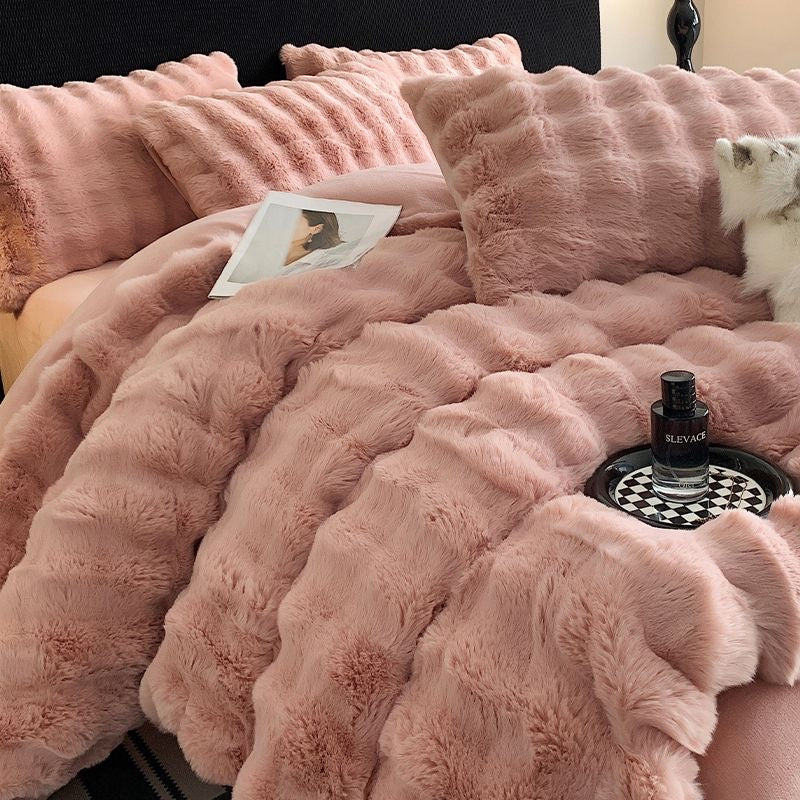 Double Sided Fleece Duvet Cover with Velvet Bed Sheet Rainbow Faux Fur Plush Bedding Set