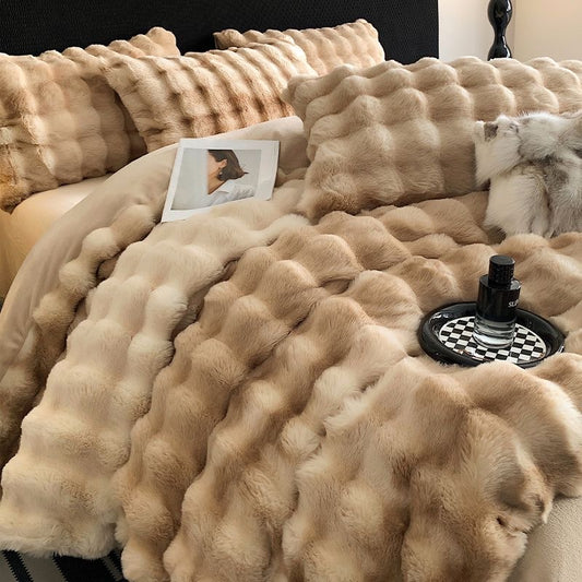 Double Sided Fleece Duvet Cover with Velvet Bed Sheet Rainbow Faux Fur Plush Bedding Set