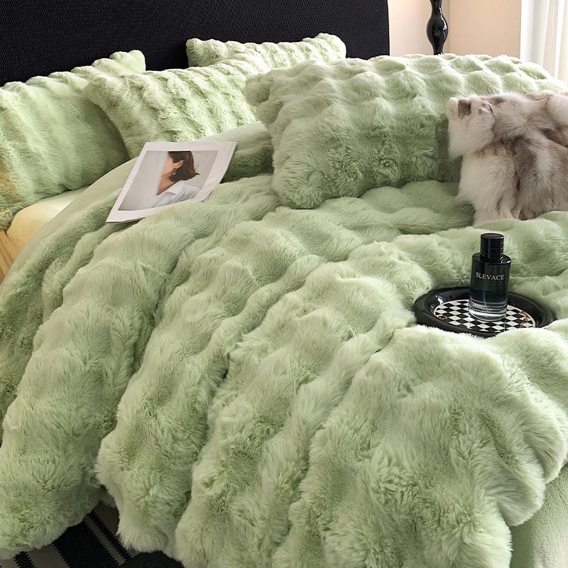 Double Sided Fleece Duvet Cover with Velvet Bed Sheet Rainbow Faux Fur Plush Bedding Set