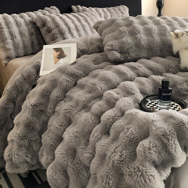 Double Sided Fleece Duvet Cover with Velvet Bed Sheet Rainbow Faux Fur Plush Bedding Set