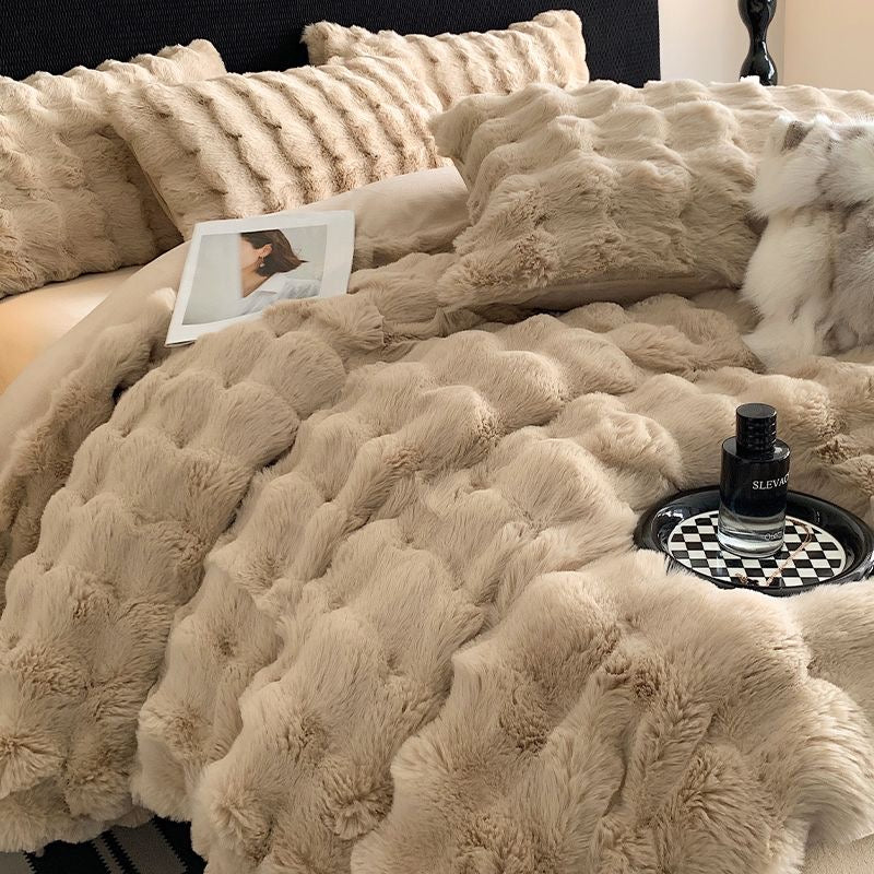 Double Sided Fleece Duvet Cover with Velvet Bed Sheet Rainbow Faux Fur Plush Bedding Set
