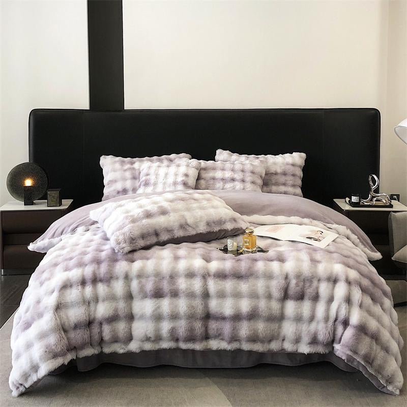 Double Sided Fleece Duvet Cover with Velvet Bed Sheet Rainbow Faux Fur Plush Bedding Set