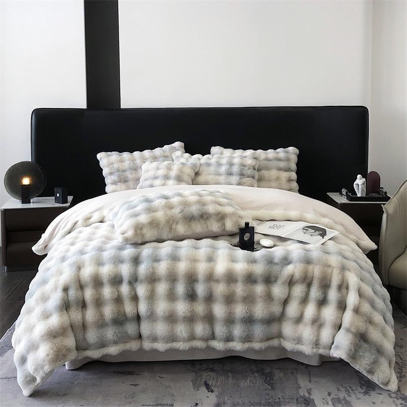 Double Sided Fleece Duvet Cover with Velvet Bed Sheet Rainbow Faux Fur Plush Bedding Set