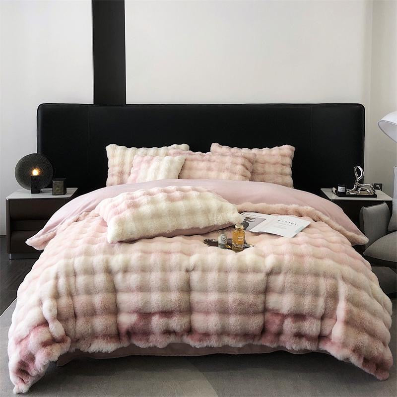 Double Sided Fleece Duvet Cover with Velvet Bed Sheet Rainbow Faux Fur Plush Bedding Set