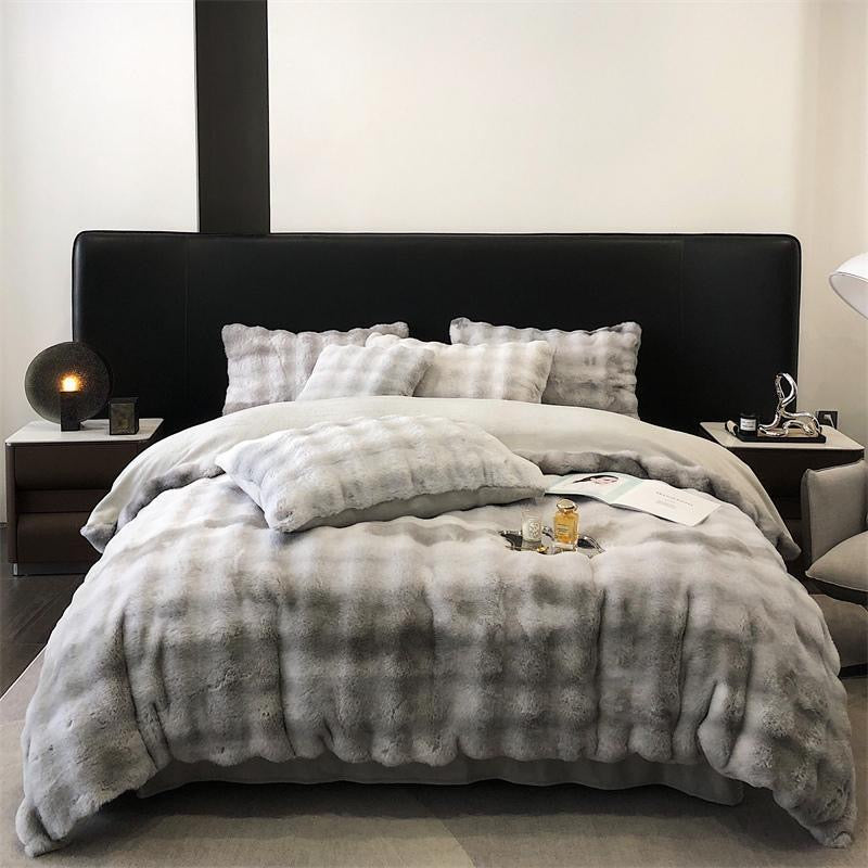 Double Sided Fleece Duvet Cover with Velvet Bed Sheet Rainbow Faux Fur Plush Bedding Set