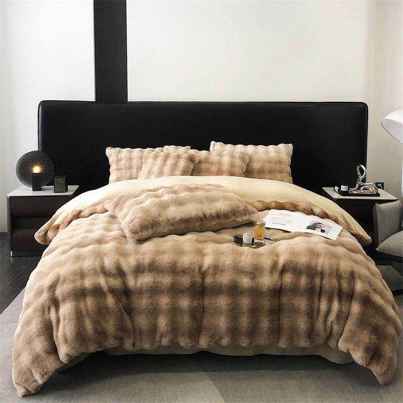 Double Sided Fleece Duvet Cover with Velvet Bed Sheet Rainbow Faux Fur Plush Bedding Set