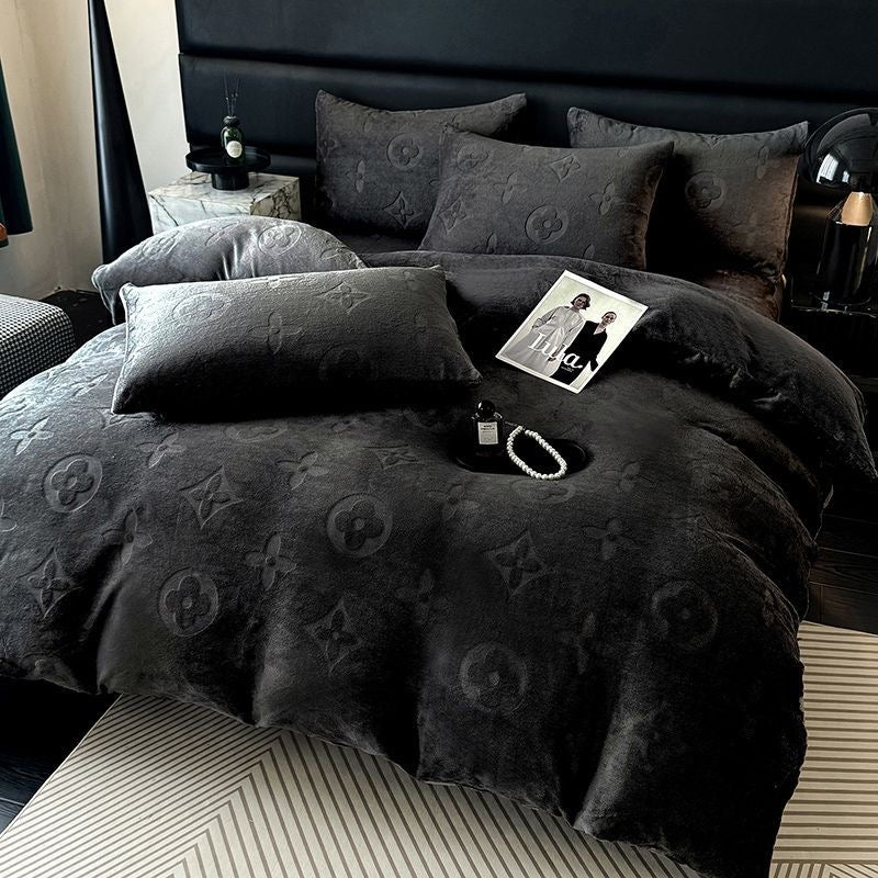 Fashion Thick Flannel Fleece Bedding Set Double-Sided Carved Plush Duvet Cover & Sheet Set