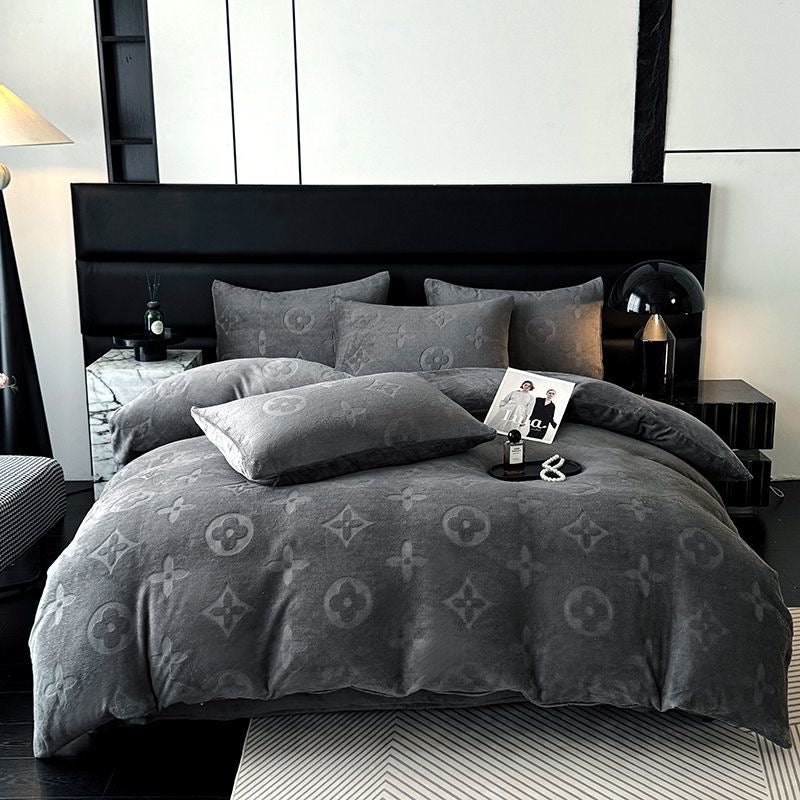 Fashion Thick Flannel Fleece Bedding Set Double-Sided Carved Plush Duvet Cover & Sheet Set