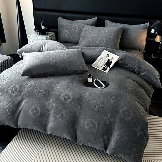 Fashion Thick Flannel Fleece Bedding Set Double-Sided Carved Plush Duvet Cover & Sheet Set
