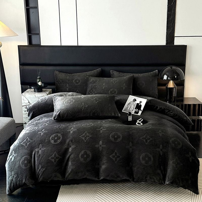 Fashion Thick Flannel Fleece Bedding Set Double-Sided Carved Plush Duvet Cover & Sheet Set