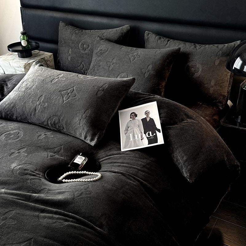 Fashion Thick Flannel Fleece Bedding Set Double-Sided Carved Plush Duvet Cover & Sheet Set