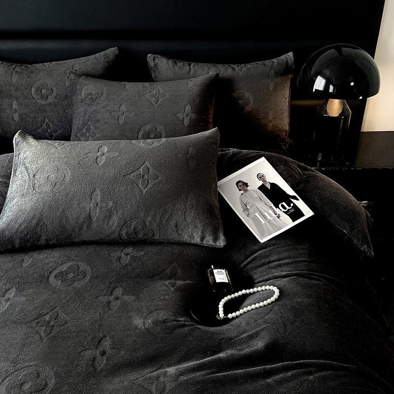 Fashion Thick Flannel Fleece Bedding Set Double-Sided Carved Plush Duvet Cover & Sheet Set