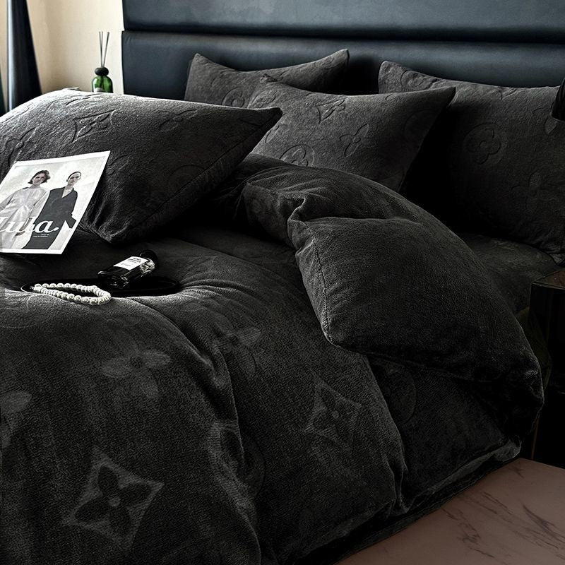 Fashion Thick Flannel Fleece Bedding Set Double-Sided Carved Plush Duvet Cover & Sheet Set