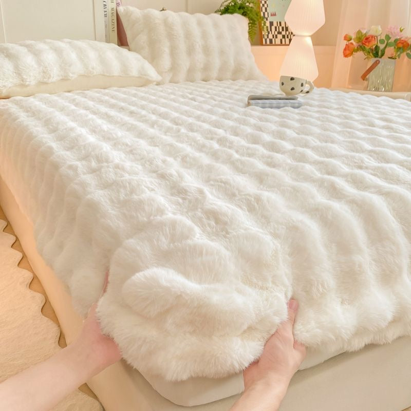 Colorful Deep Pocket Faux Fur Flannel Warm Plush Shaggy Fitted Bed Sheet Set