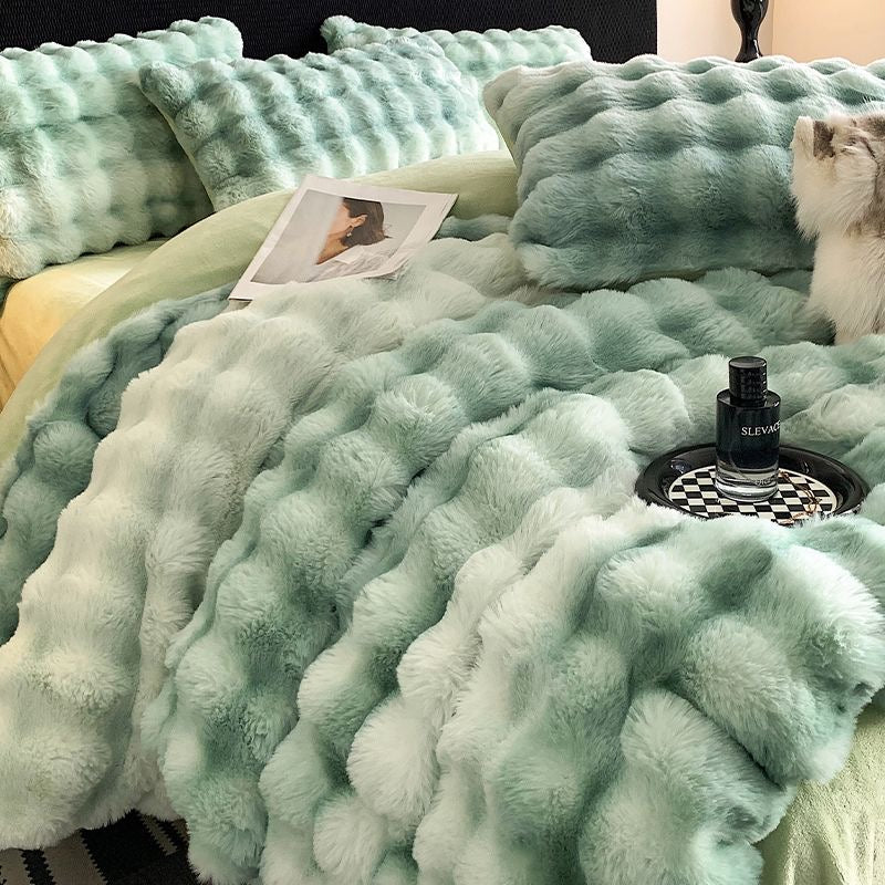 Double Sided Fleece Duvet Cover with Velvet Bed Sheet Rainbow Faux Fur Plush Bedding Set