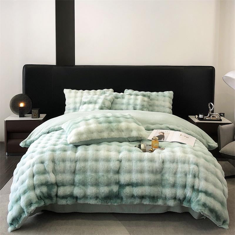 Double Sided Fleece Duvet Cover with Velvet Bed Sheet Rainbow Faux Fur Plush Bedding Set